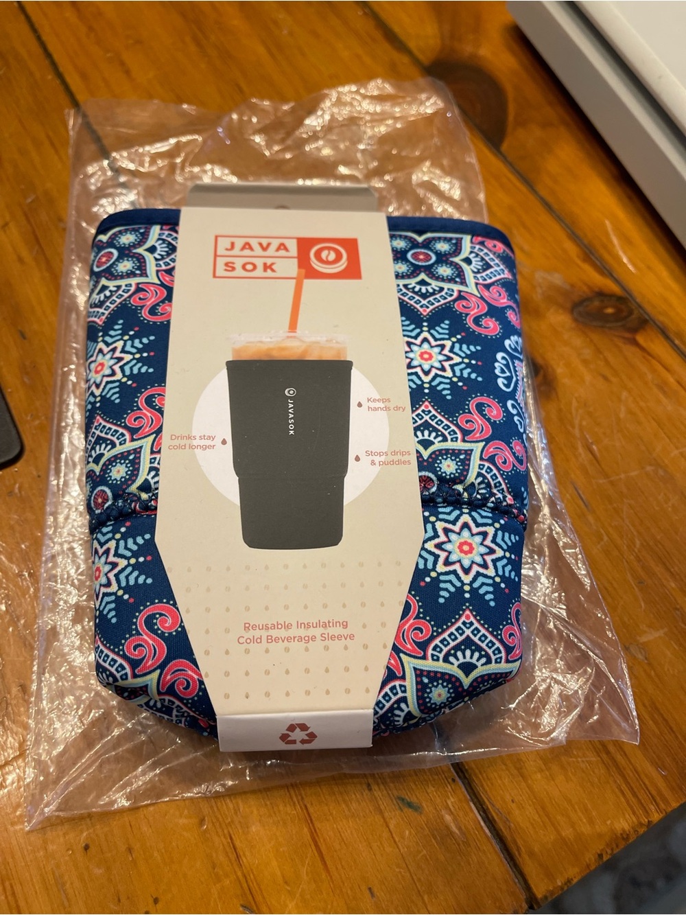 Reusable Insulating Cold Beverage Sleeve - Navy & Pink Pattern